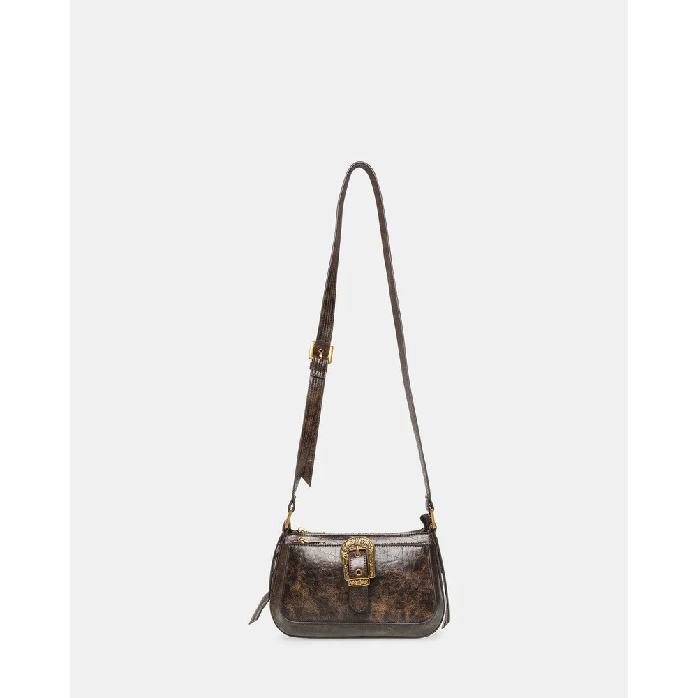 Steve Madden Brown Distressed Faux Leather Western Buckle Shoulder Bag NEW